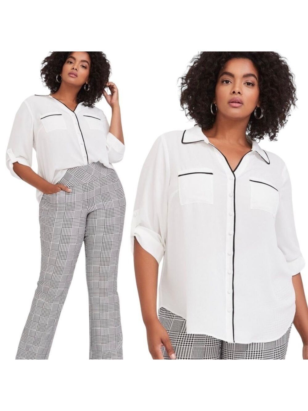 TORRID Roll Tab Short Sleeve Blouse with Contrasting Black Piping Easy Care Poly